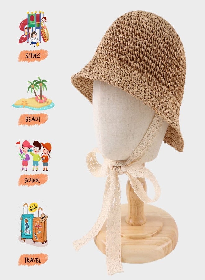 JANGANNSA Baby Girl Straw Hat Outdoor Baby Sun Protection Hats Summer Bowknot Beach Cap for Infant Toddler Girls(Lace Tie-Khaki,6-24 Months) - Image 2